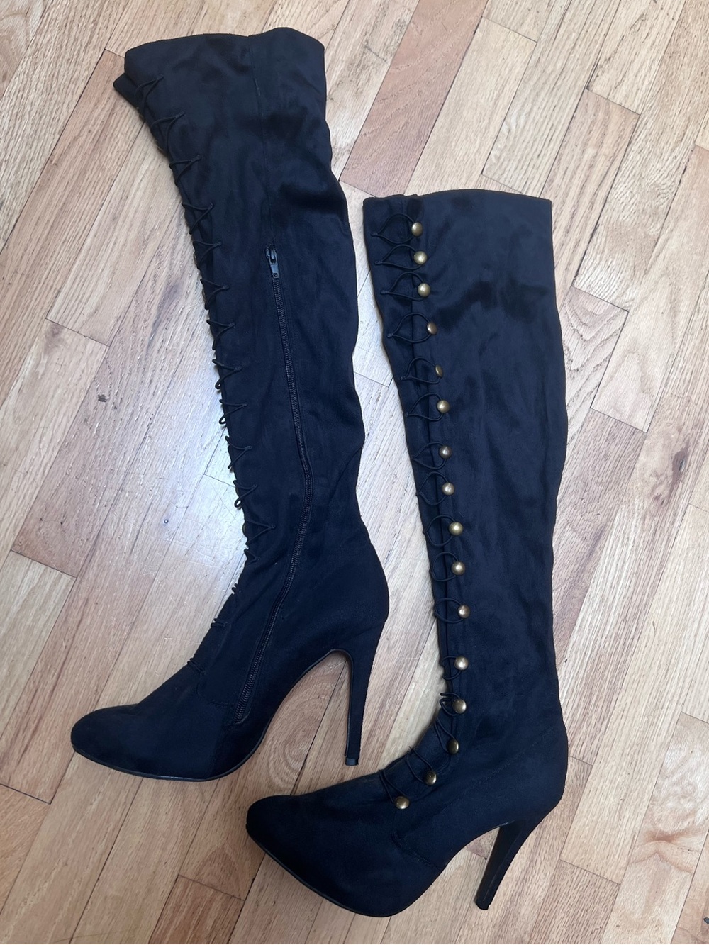 Sexy Black Over-the-Knee Victorian Stiletto Boots Size 10